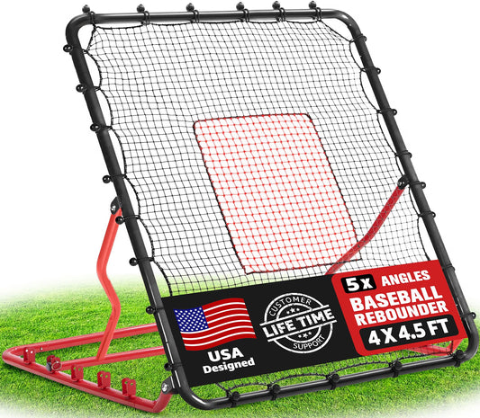 Baseball Rebounder Net, 5 Adjustable Angles 4x4.5FT Pitch Back Baseball Softball Volleyball Rebounder with 2 Strike Zones