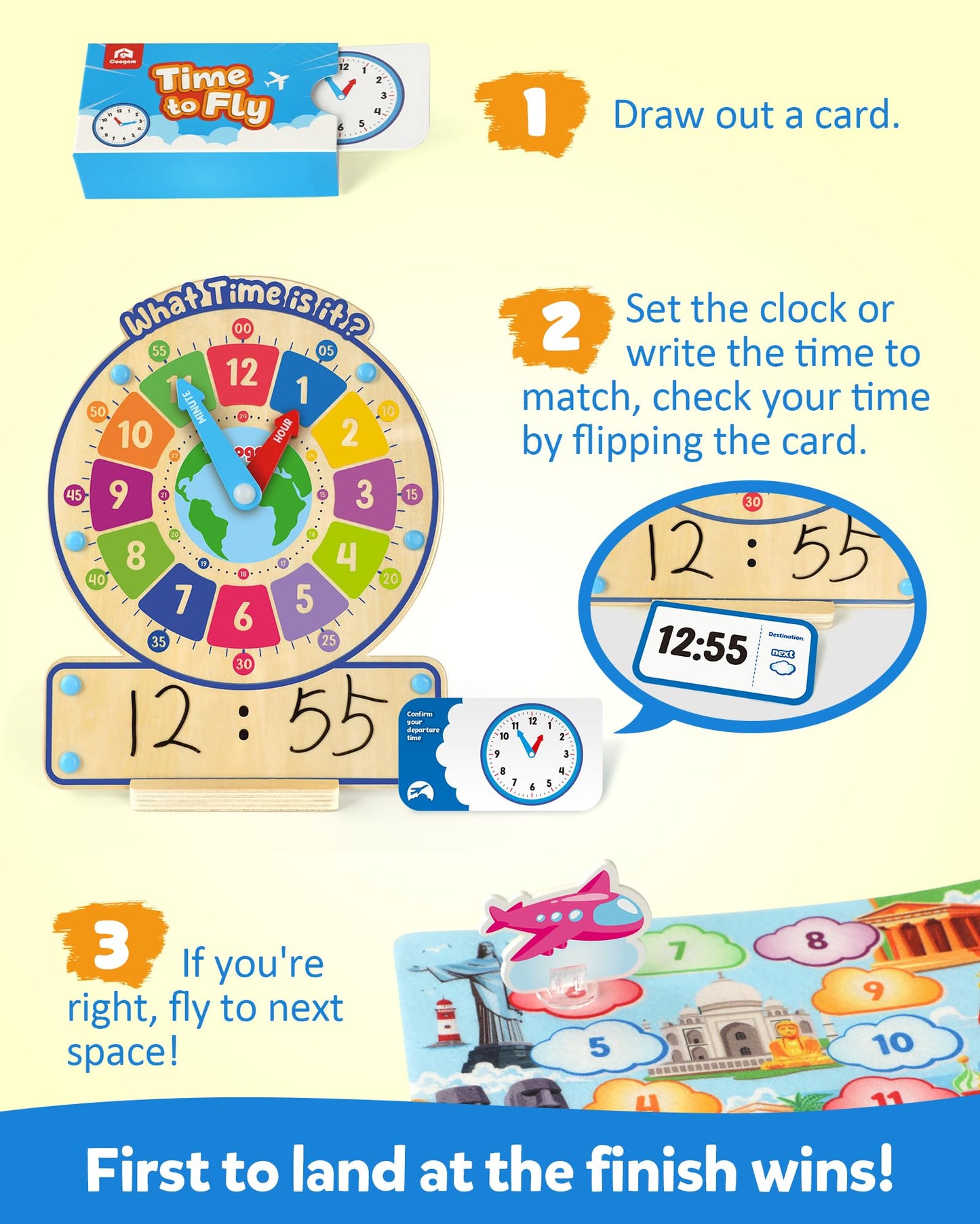 Coogam Wooden Clock Teaching Time, Analog Digital Clock