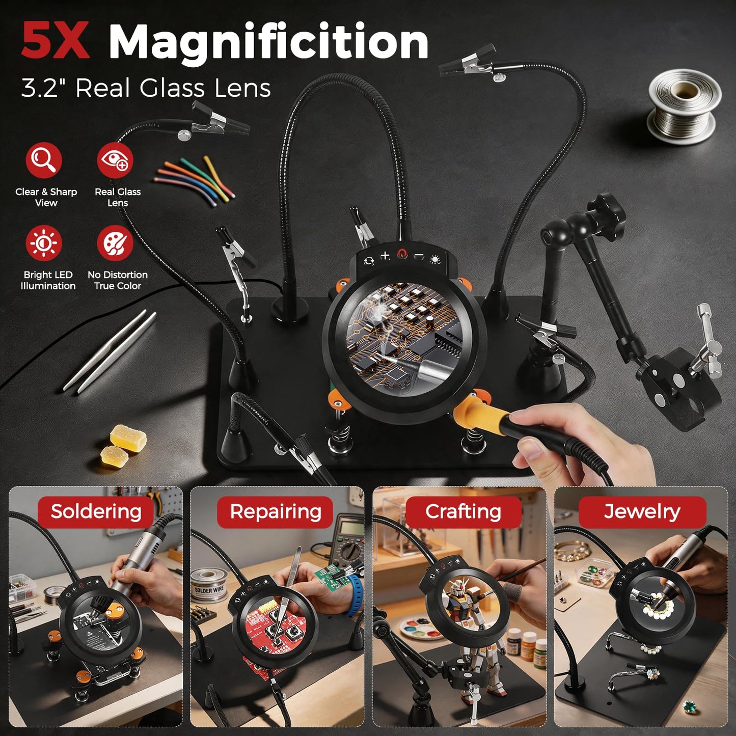 NOEVSBIG Helping Hands Soldering Station with 5X Magnifying Lamp, 360° Super Clamp