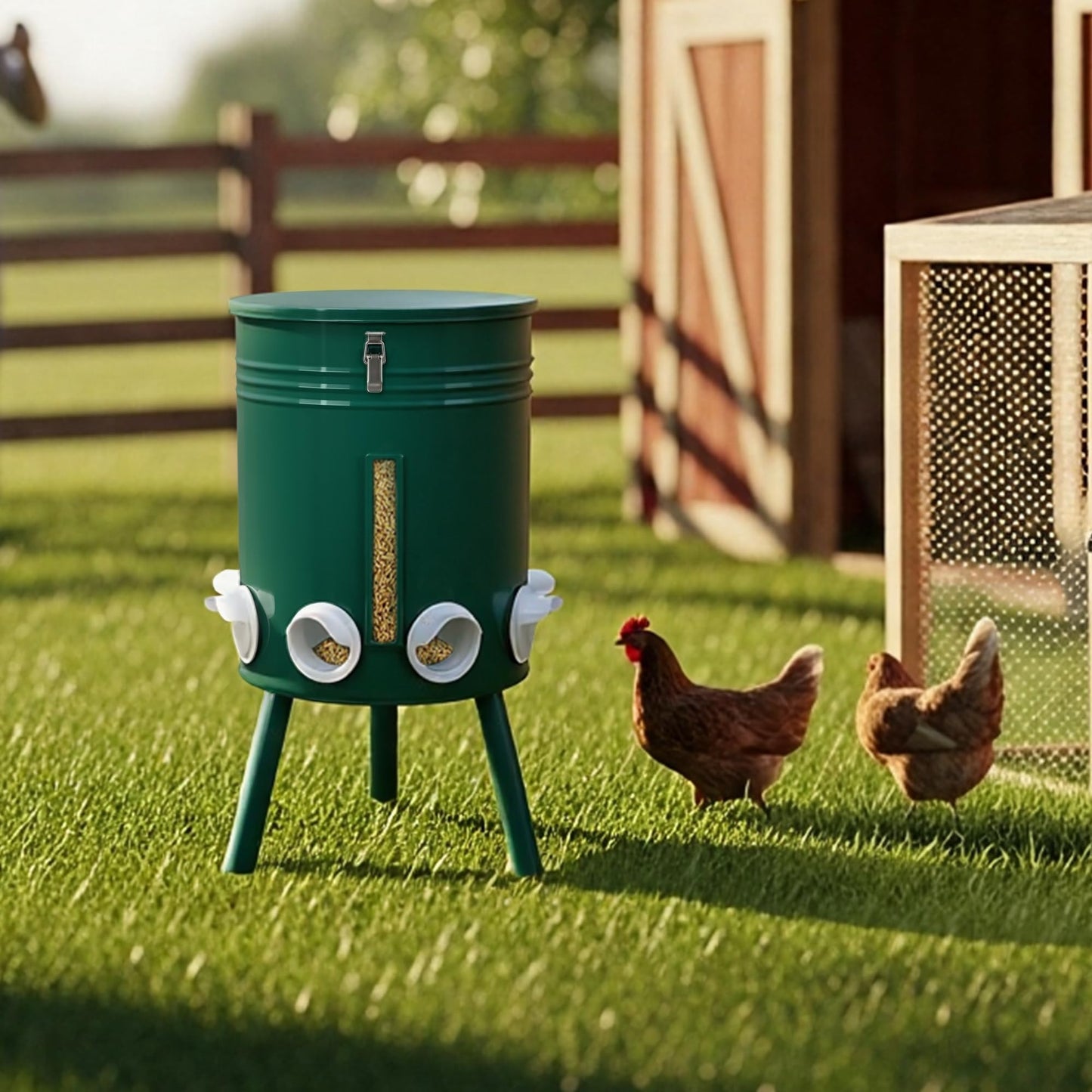 KOL 50 LB Large Free Standing Chicken Feeder, Portable Gravity Chicken Feeder Automatic, Dispenser, 8 Feeding Ports Poultry Feeder for Chicken Rooster & Hen (Green)