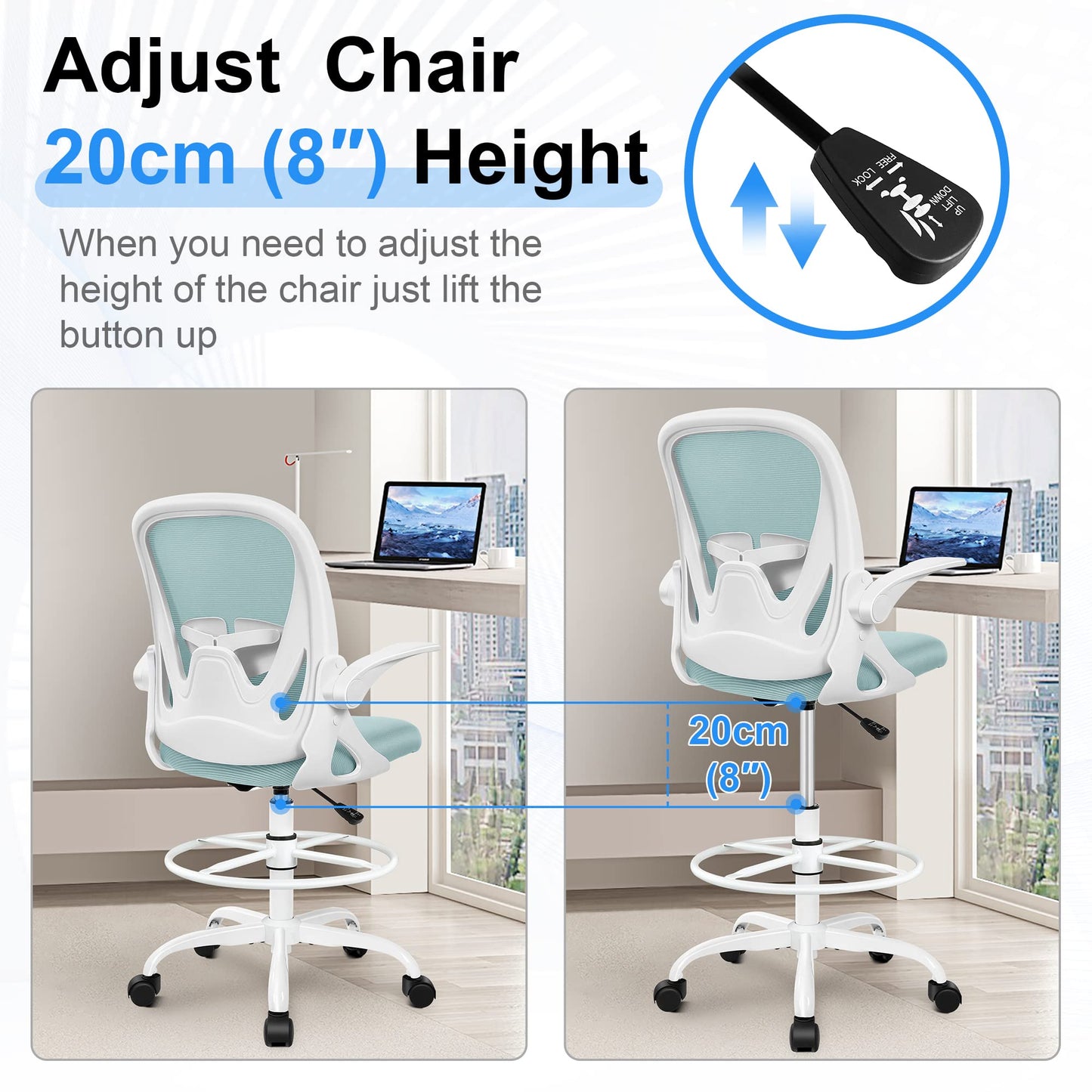 Primy Drafting Chair Tall Office Chair with Flip-up Armrests Executive Ergonomic Computer Standing Desk Chair with Lumbar Support and Adjustable Footrest Ring（Light Blue）