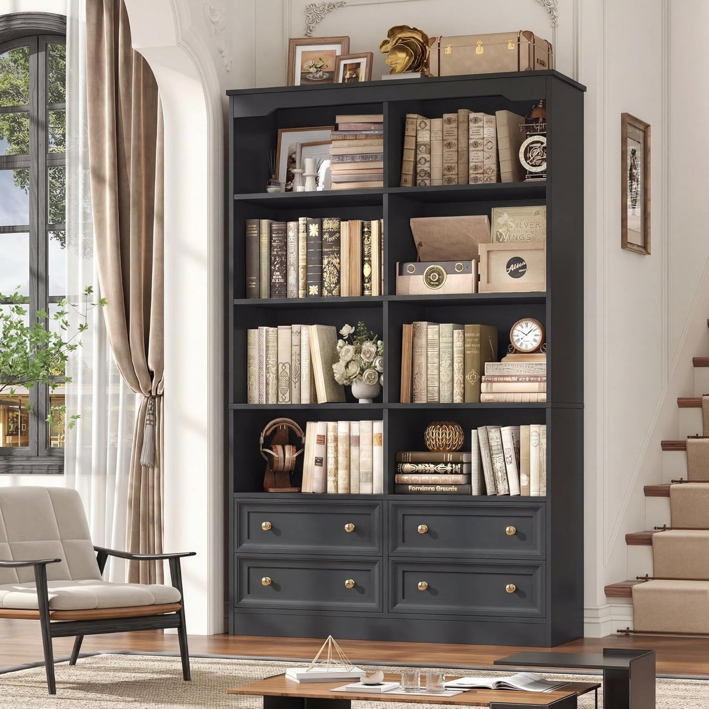 FINETONES 71" Tall Bookshelf with 4 Drawers, 6-Tier Double Wide Bookshelves and Bookcases with Storage, Green Bookshelf Large Open Bookshelves Standing Book Cabinet for Home Office