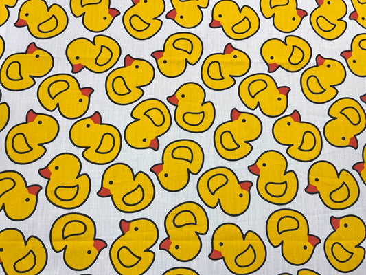 Fabric- 1 yard- Yellow Bird Happy Rubber Duck Printed On White Cotton Fabric