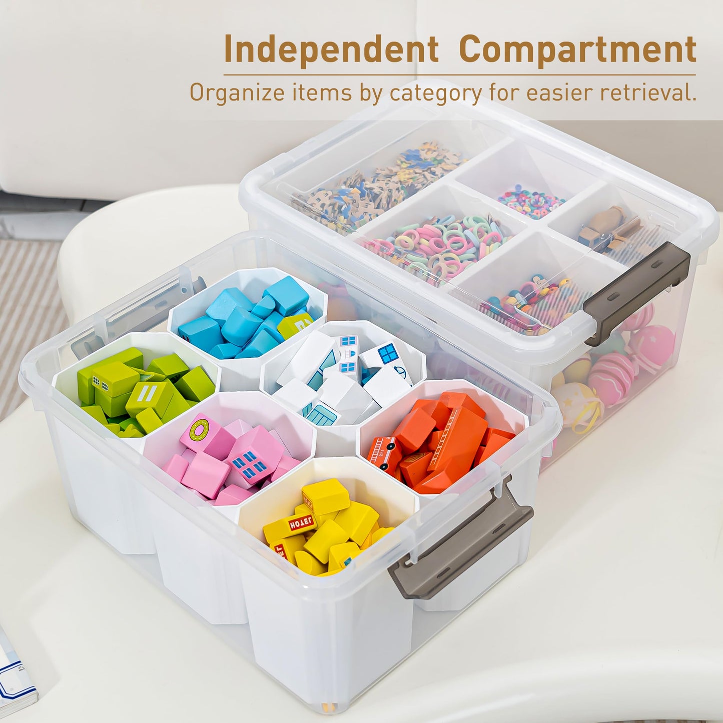17 QT Plastic Storage Box with Removable Tray and 6 Detachable Tall Inserts, 4 Packs