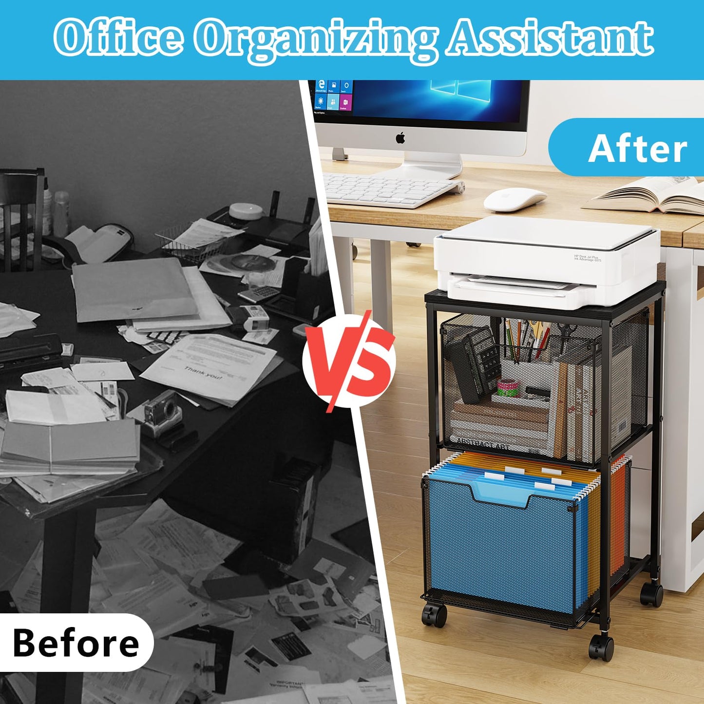 Rolling File Cart with 2 Storage Drawers, Mobile File Cabinet with Wheels, Hanging File Folder Organizer, Under Desk Storage, Printer Stand Utility Cart Filing Cabinet for Home Office,Black