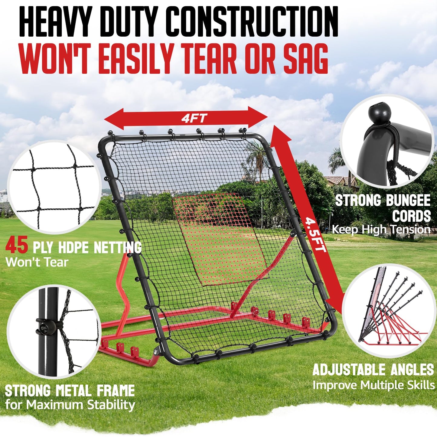 Baseball Rebounder Net, 5 Adjustable Angles 4x4.5FT Pitch Back Baseball Softball Volleyball Rebounder with 2 Strike Zones