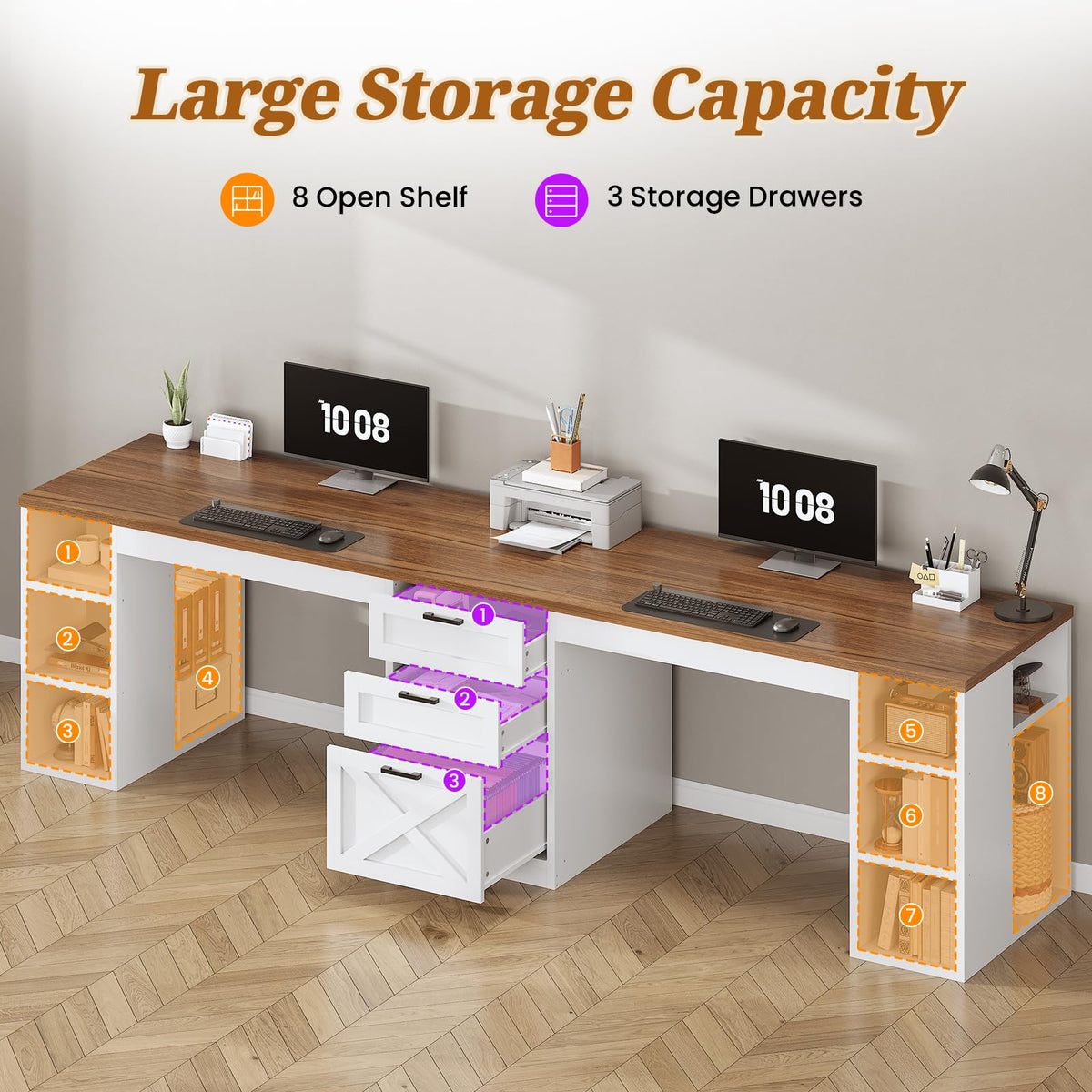 SEDETA Farmhouse 96.5" 2 Person Computer Desk with Storage Drawers