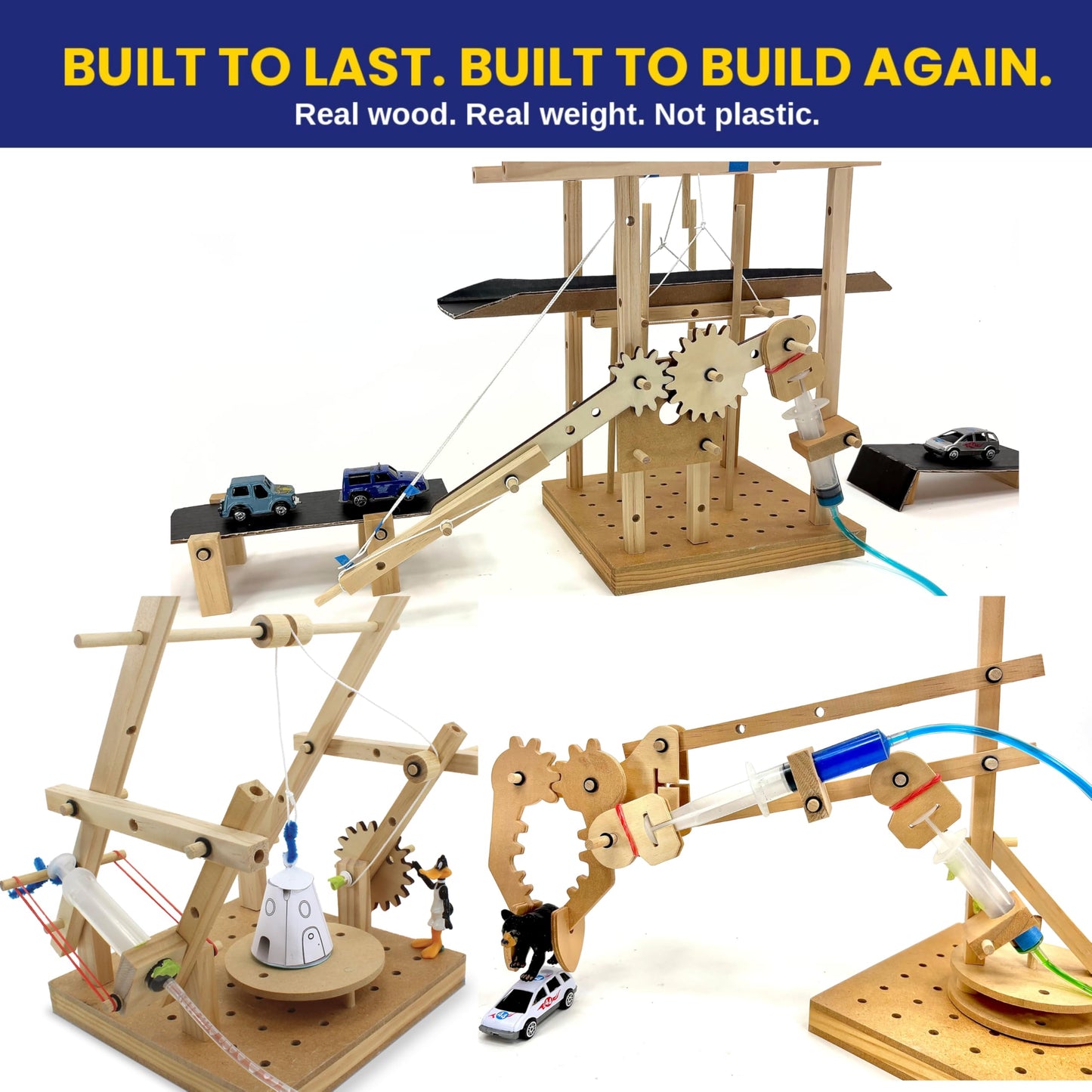 PATHFINDERS Engineering Maker Set — Real Wood STEM Building Kit | Hydraulics, Gears, Levers & Pulleys | 10 Challenges + 15 Challenge Cards
