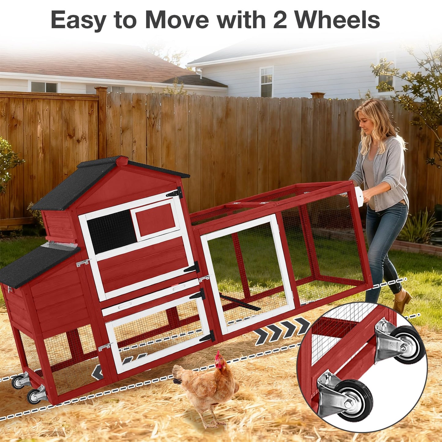 Large Mobile Chicken Coop Wooden with Wheels- 2–3 Chickens & Ducks