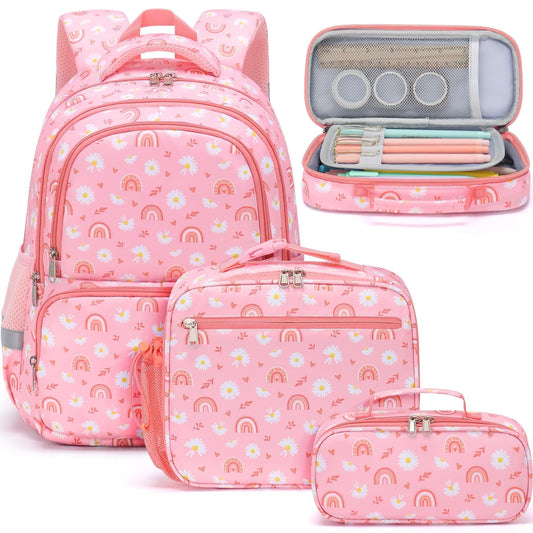 Fimibuke Kids Backpack for School Girls, 3-in-1 Set with Lunch Box & Pencil Case, Ages 3-12, Daisy