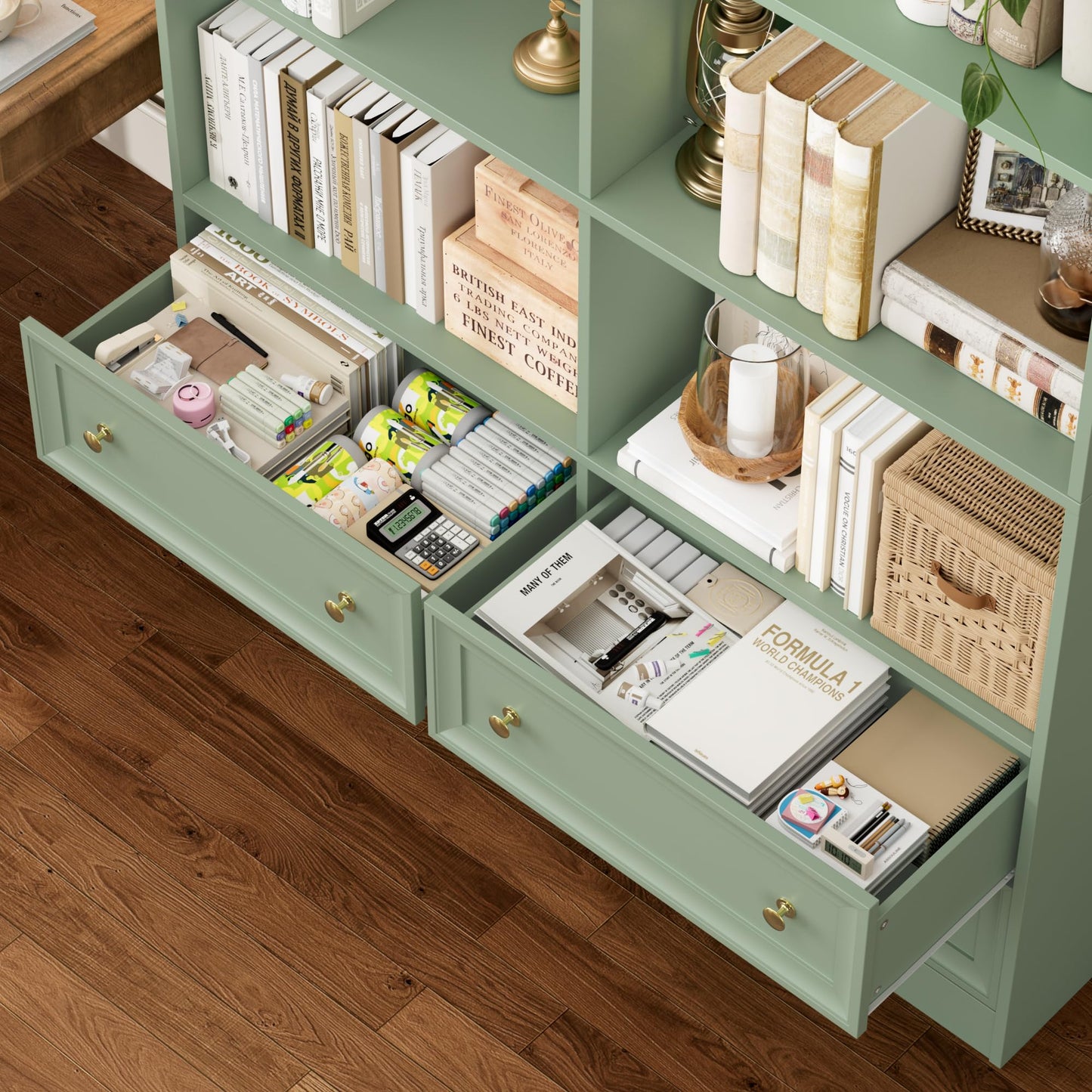 FINETONES 71" Tall Bookshelf with 4 Drawers, 6-Tier Double Wide Bookshelves and Bookcases with Storage, Green Bookshelf Large Open Bookshelves Standing Book Cabinet for Home Office