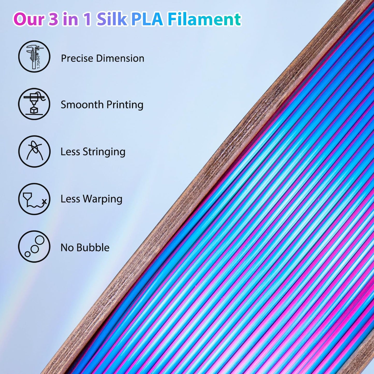 Silk PLA 3D Printer Filament- Triple Color- Rose Red, Sky Blue, Green