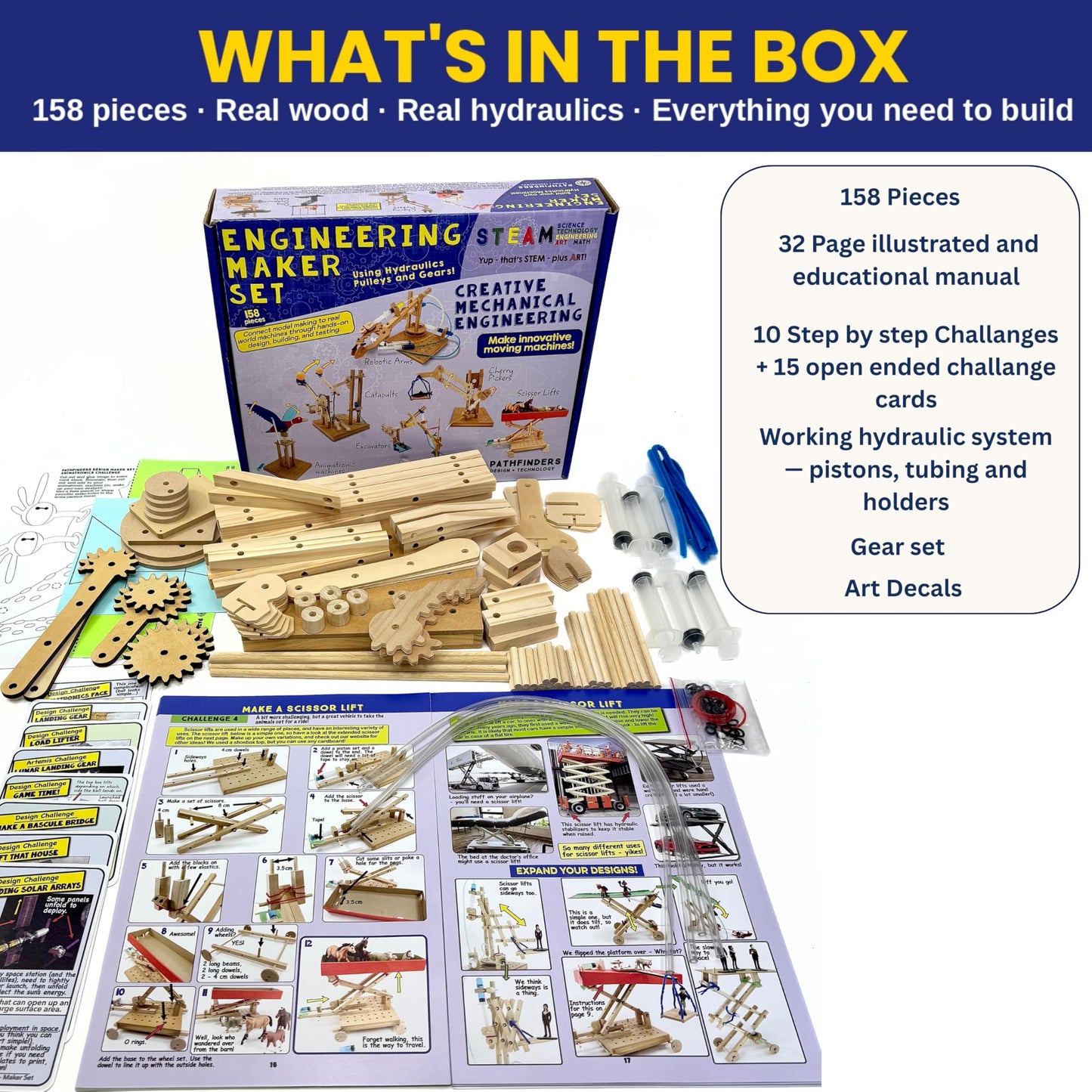 PATHFINDERS Engineering Maker Set — Real Wood STEM Building Kit | Hydraulics, Gears, Levers & Pulleys | 10 Challenges + 15 Challenge Cards