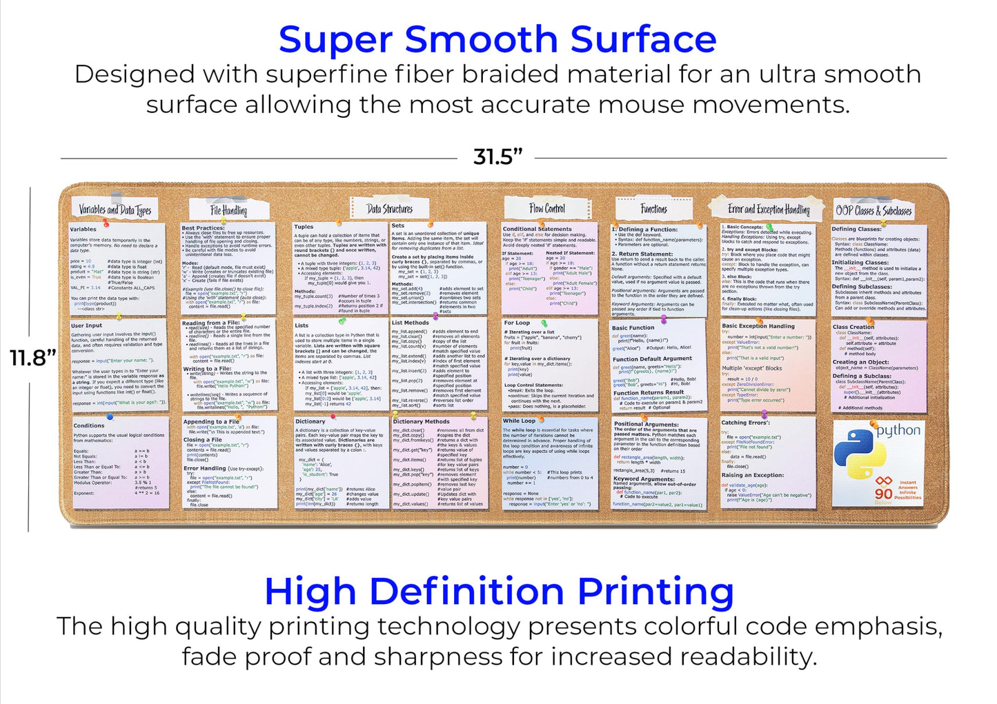 Python Programming Cheat Sheet Desk Mat - Large Mouse Pad with Complete Code Reference (31.5" x 11.8") - Professional Coding Guide Mousepad