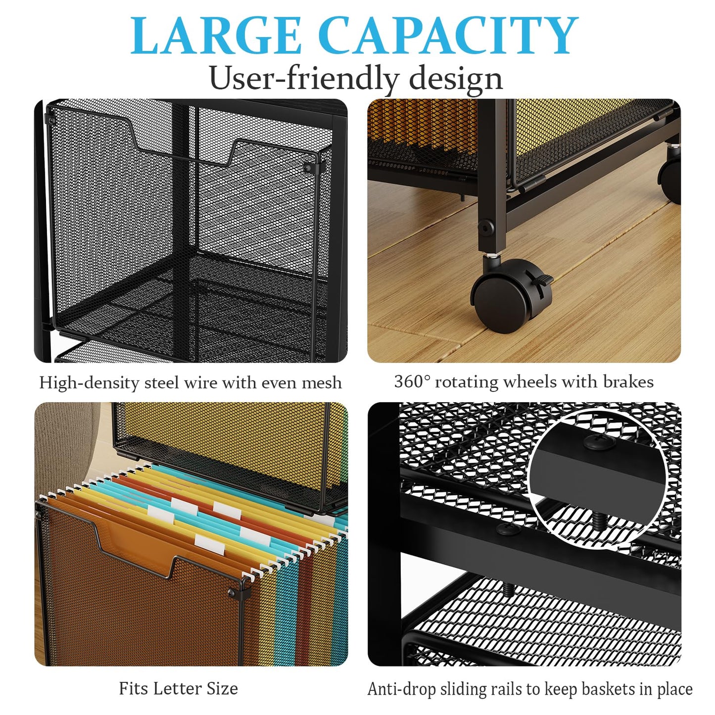 Rolling File Cart with 2 Storage Drawers, Mobile File Cabinet with Wheels, Hanging File Folder Organizer, Under Desk Storage, Printer Stand Utility Cart Filing Cabinet for Home Office,Black