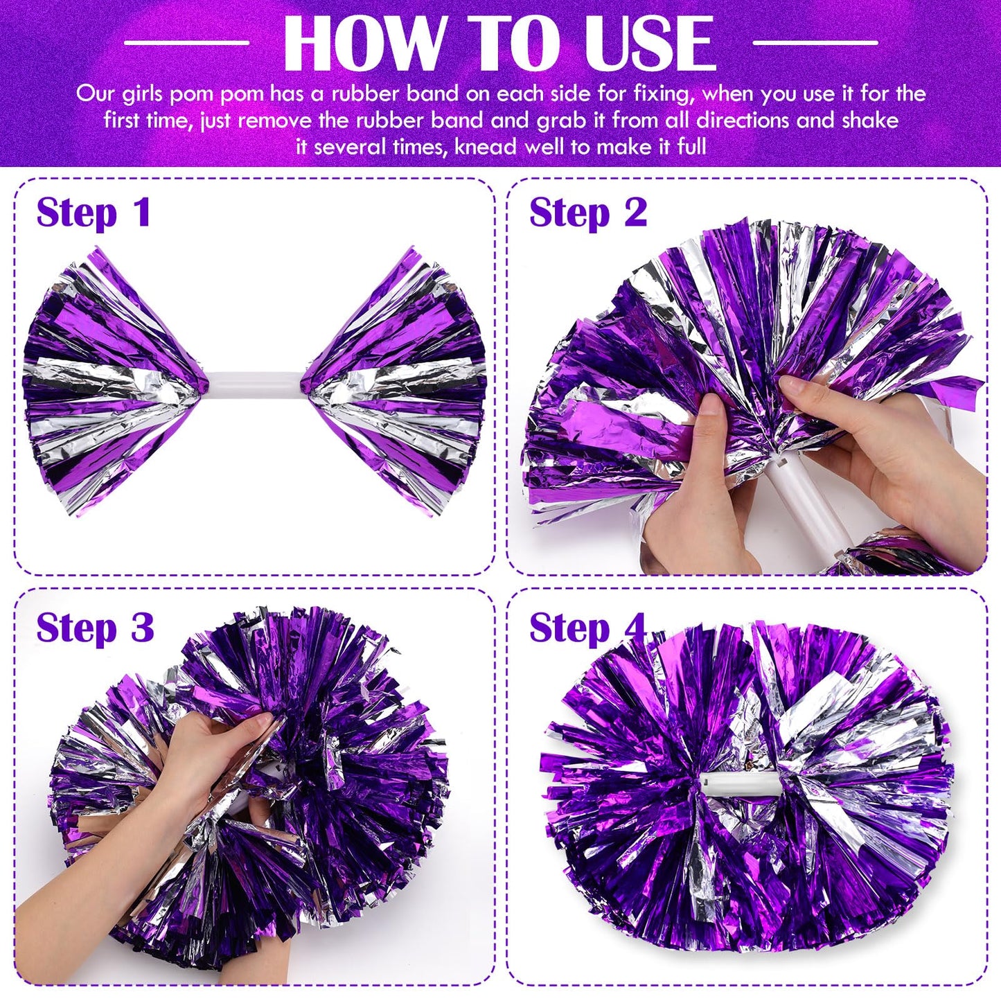 Cheerleading Pom Poms Bulk Metallic Foil Cheerleader with Baton Handle Plastic Ring