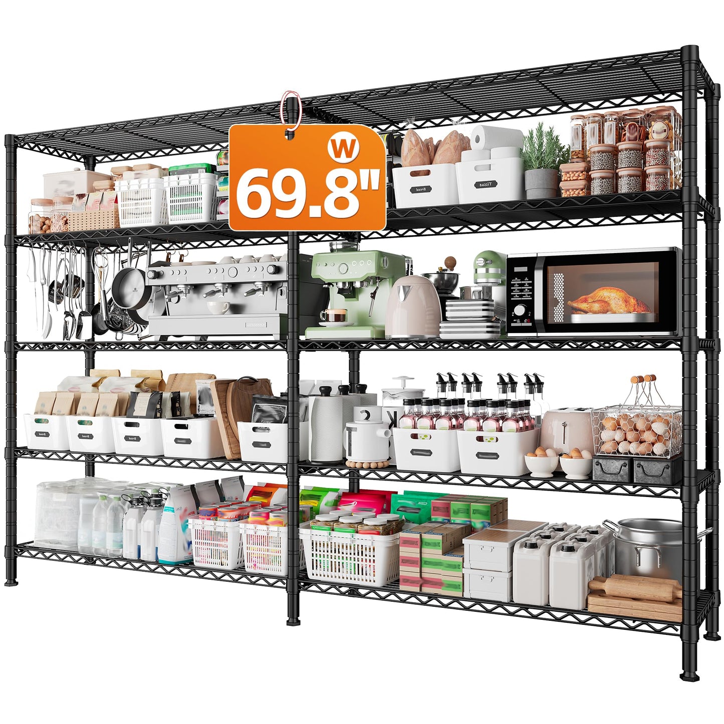 Metal Shelving 5 Tier Wire Shelving Unit, 69.8" Wx15.8 Dx72.4 H, Black