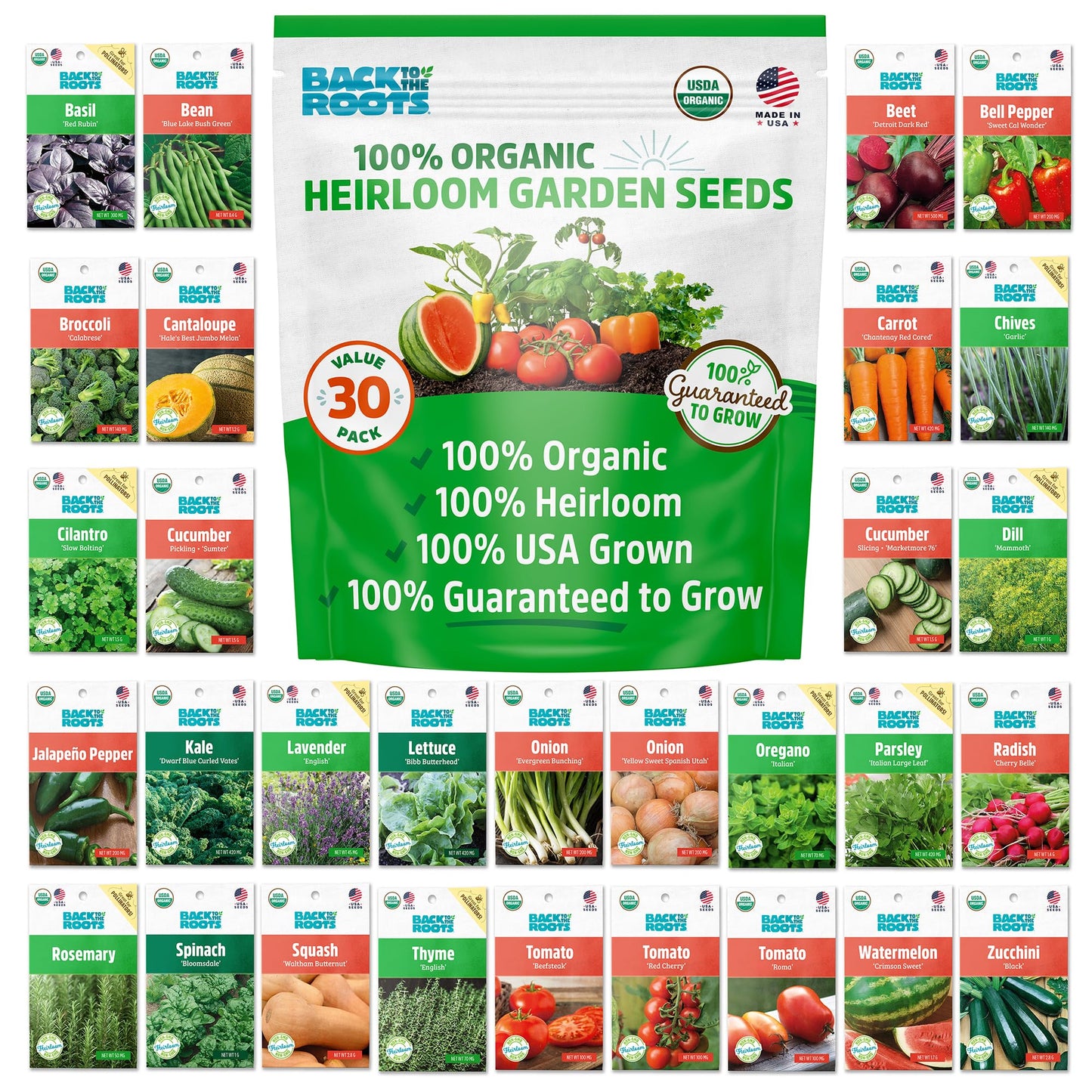 Heirloom Organic, Non-GMO & USA Grown Seeds, 30ct Herb, Fruit, and Veggies, Assortment May Vary, Guaranteed to Grow