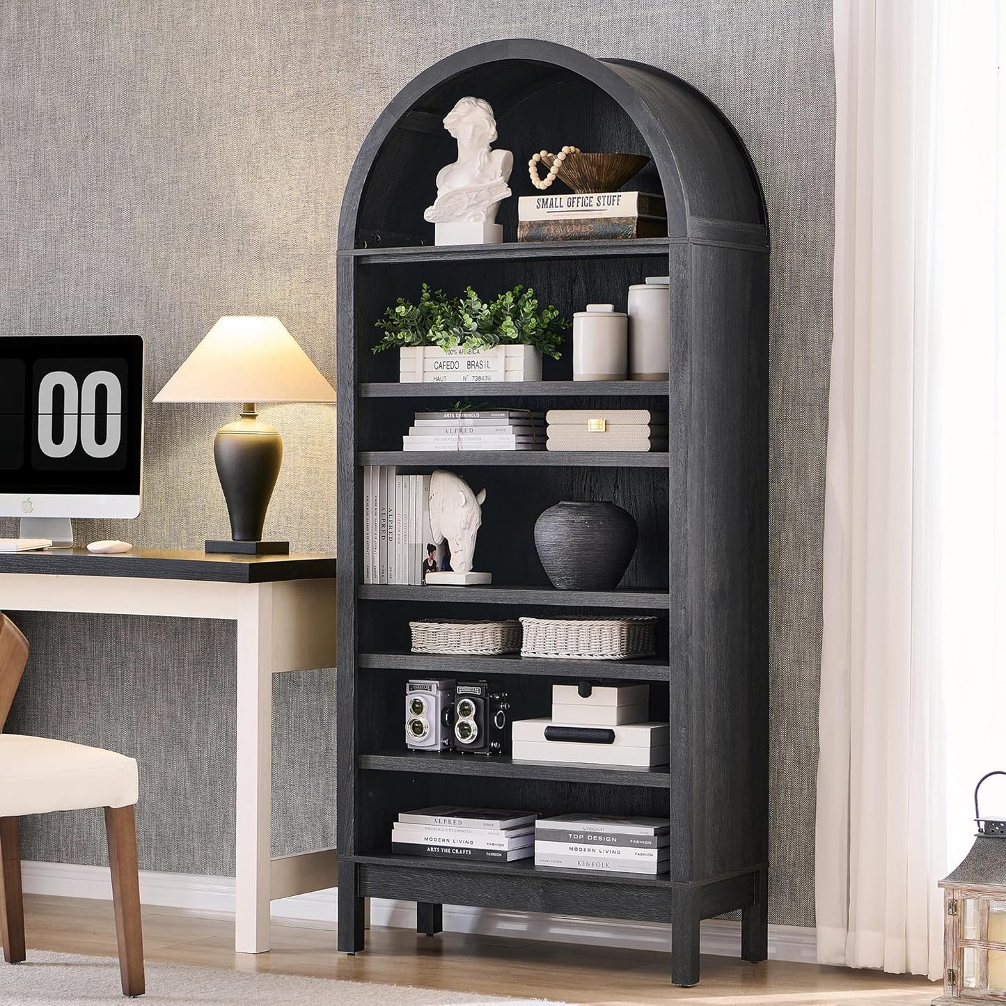 71" Tall Arched Bookshelf, 7 Tiers Arch Bookcase with Storage