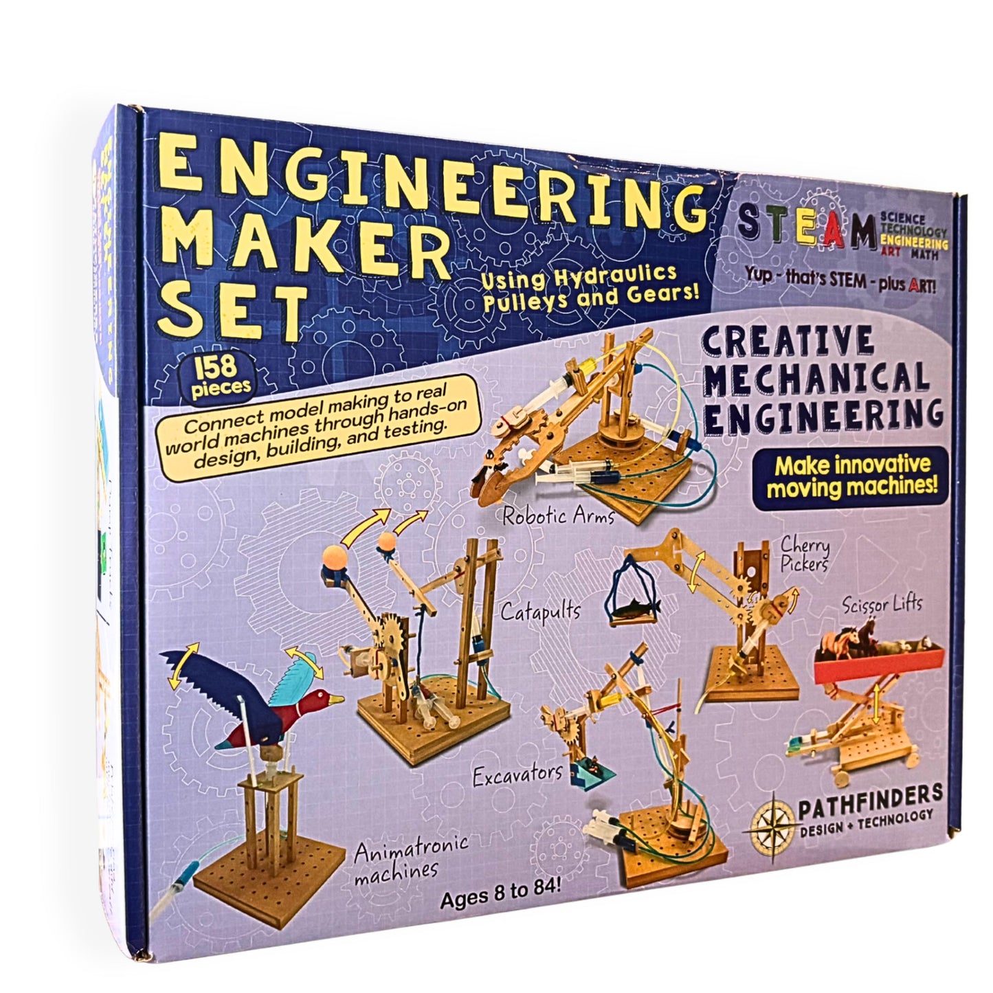 PATHFINDERS Engineering Maker Set — Real Wood STEM Building Kit | Hydraulics, Gears, Levers & Pulleys | 10 Challenges + 15 Challenge Cards