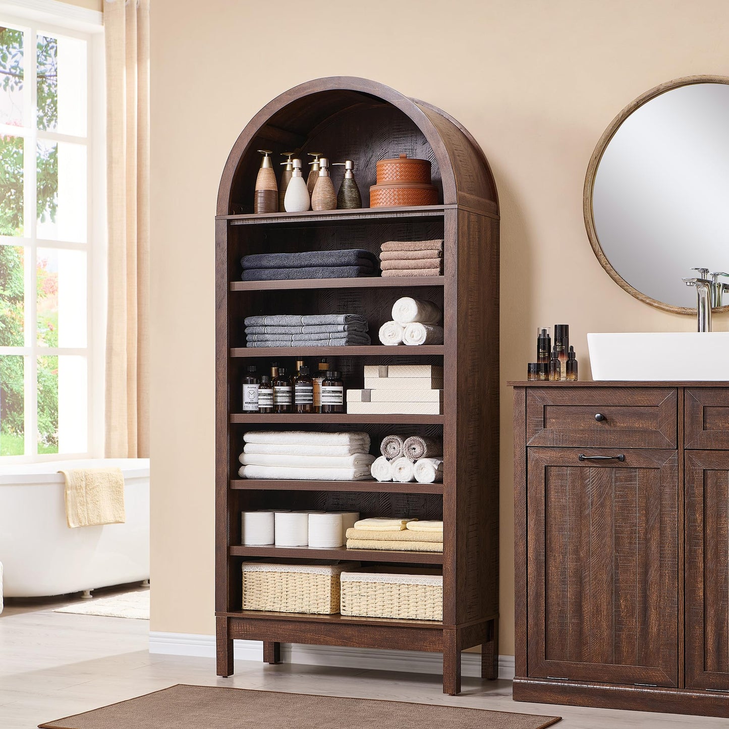 71" Tall Arched Bookshelf, 7 Tiers Arch Bookcase with Storage
