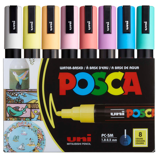 posca Markers Set, 8 Medium Paint Markers 5M – Soft Tones – White, Sunshine Yellow, Apricot, Light Pink, Coral Pink, Lavender, Light Blue, Aqua Green