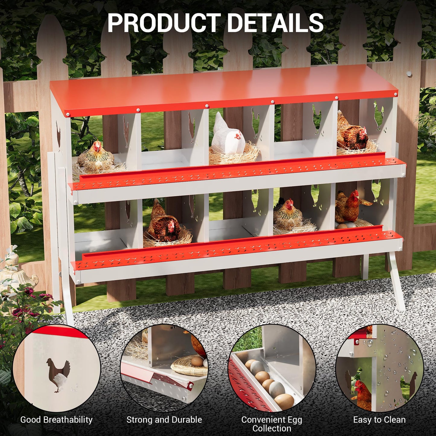 10 Hole Chicken Nesting Box, Red with Stand