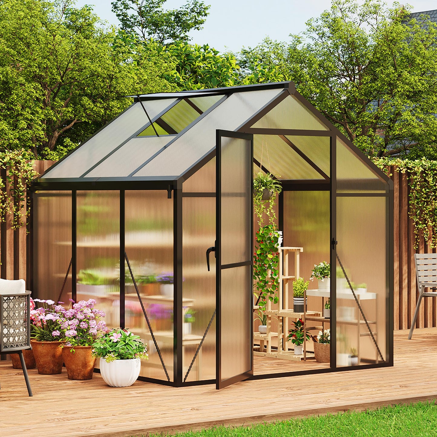 6 X 6 FT Greenhouse, Outdoor Greenhouses, Polycarbonate Panels with Aluminum Frame, Adjustable Roof Vent and Lockable Door, Green Houses for Outside Backyard, Garden, Patio