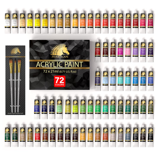 MyArtscape Heavy Body Acrylic Paint Set — 72 Colors x 21ml Artist Acrylic Paints with 3 Paint Brushes for Canvas, Wood, Fabric & Crafts | Rich Pigment Non-Toxic Professional Art Supplies for Adults & Beginners