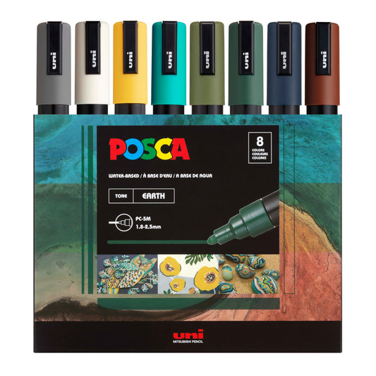 posca Markers Set, 8 Medium Paint Markers 5M – Earth Tones – Grey, Ivory, Ochre, Green, Navy Blue, Brown