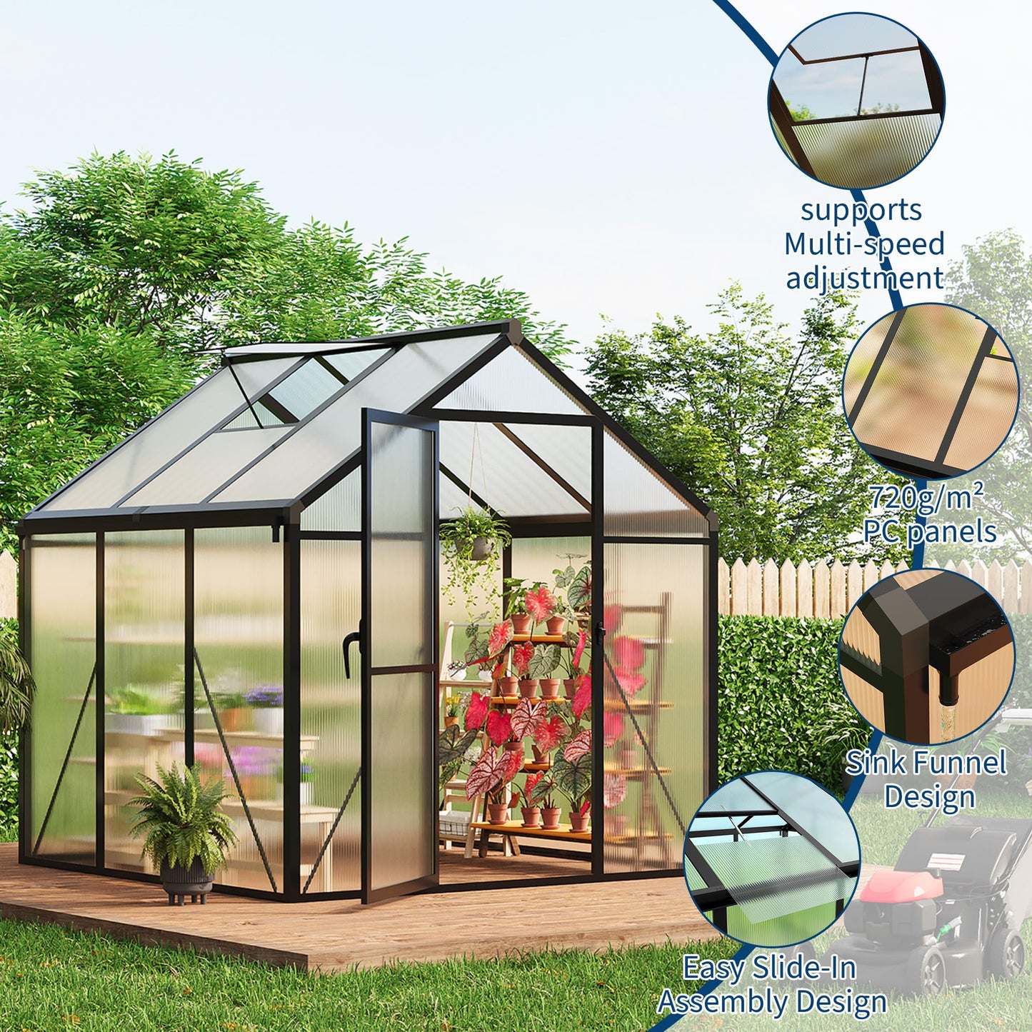 6 X 6 FT Greenhouse, Outdoor Greenhouses, Polycarbonate Panels with Aluminum Frame, Adjustable Roof Vent and Lockable Door, Green Houses for Outside Backyard, Garden, Patio