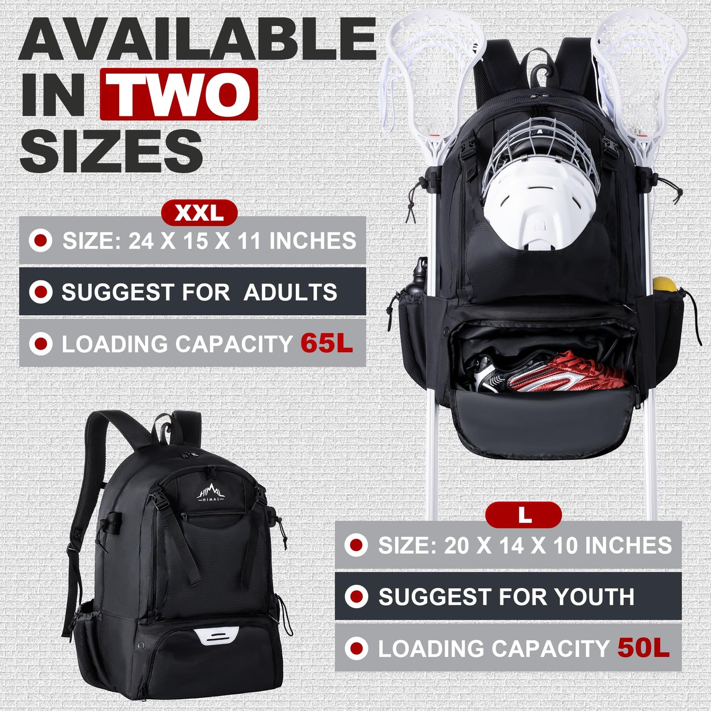 GoHimal Lacrosse Bag Extra Large Lacrosse Backpack with Tow Stick Holder