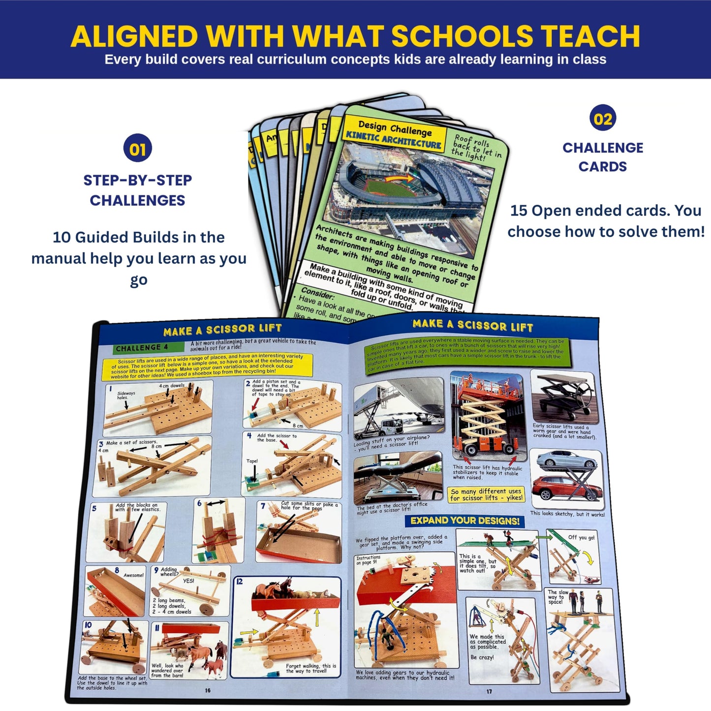 PATHFINDERS Engineering Maker Set — Real Wood STEM Building Kit | Hydraulics, Gears, Levers & Pulleys | 10 Challenges + 15 Challenge Cards
