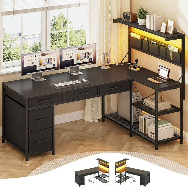 47" L Shaped Desk with 5 Drawers & Hutch