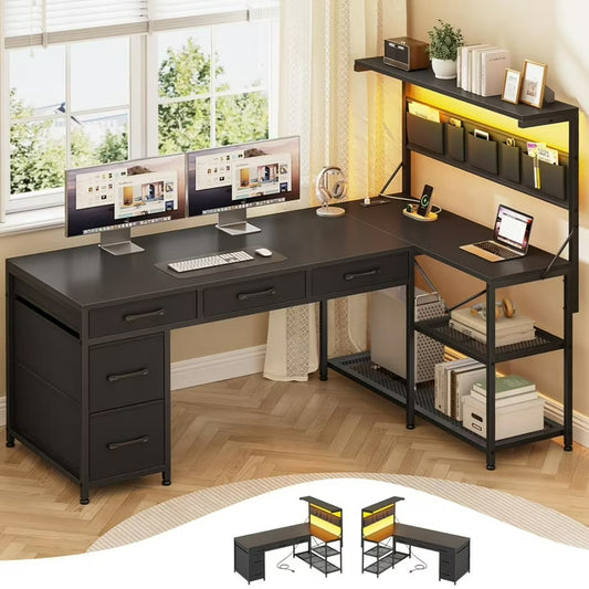 47" L Shaped Desk with 5 Drawers & Hutch