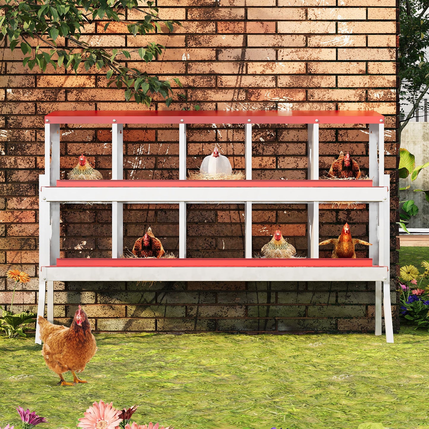 10 Hole Chicken Nesting Box, Red with Stand