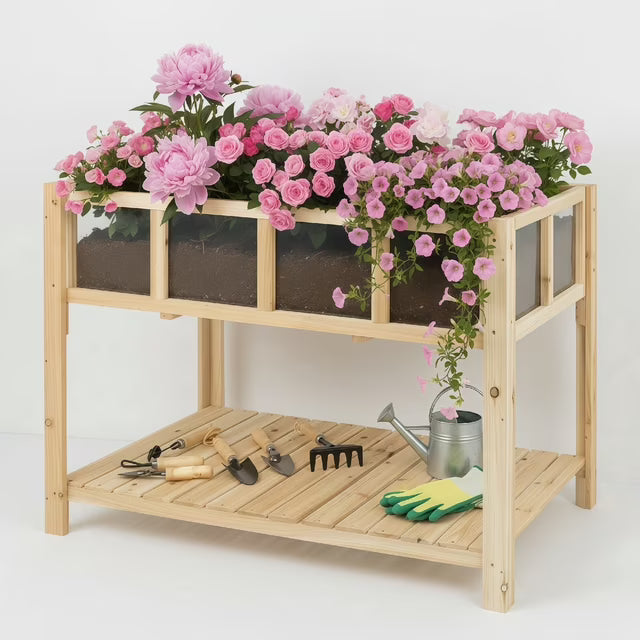Raised Garden Bed Wooden Elevated Planter Box with Legs, Shelf for Outdoor