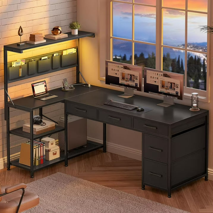 47" L Shaped Desk with 5 Drawers & Hutch